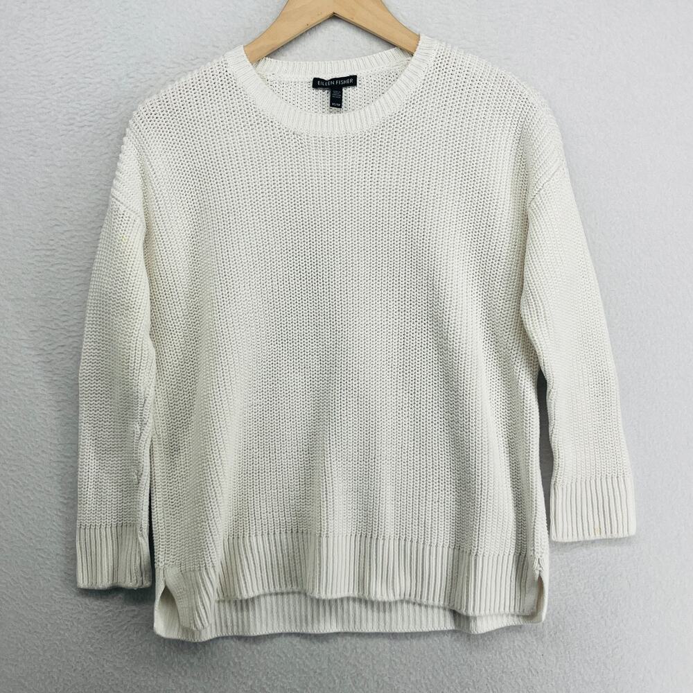 EILEEN FISHER Sweater XS Organic Cotton Textured Crew Neck Pullover Jumper White